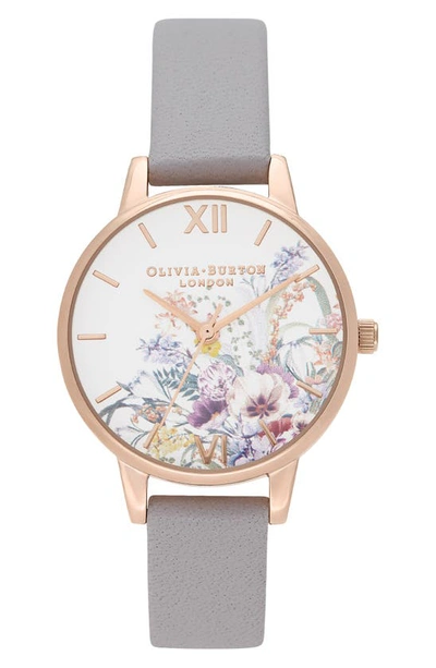 Shop Olivia Burton Enchanted Garden Leather Strap Watch, 30mm In Lilac/ White Floral/ Rose Gold