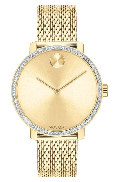 Shop Movado Bold Crystal Bezel Mesh Strap Watch, 34mm In Gold