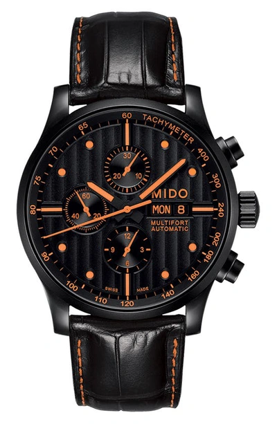 Shop Mido Multifort Automatic Chronograph Leather Strap Watch, 44mm In Black/ Orange