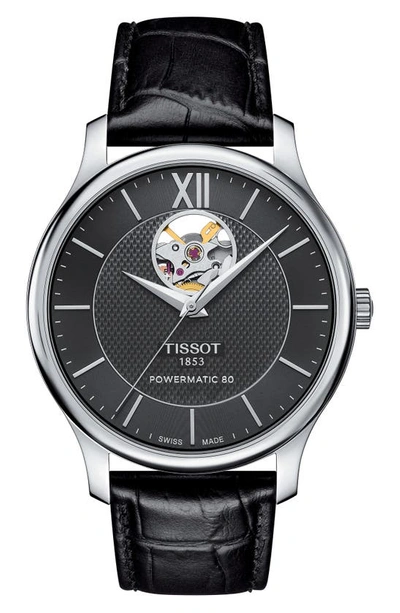 Shop Tissot Tradition Leather Strap Watch, 40mm In Black/ Silver