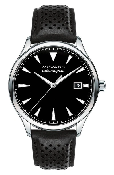 Shop Movado 'heritage' Leather Strap Watch, 40mm In Black/ Black