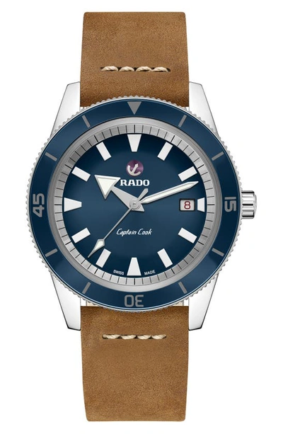 Shop Rado Hyperchrome Captain Cook Automatic Leather Strap Watch, 42mm In Brown/ Blue/ Silver