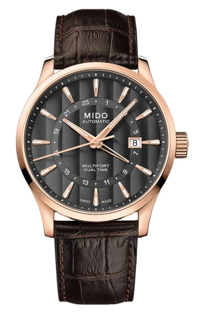Shop Mido Multifort Automatic Leather Strap Watch, 42mm In Brown/ Black/ Rose Gold