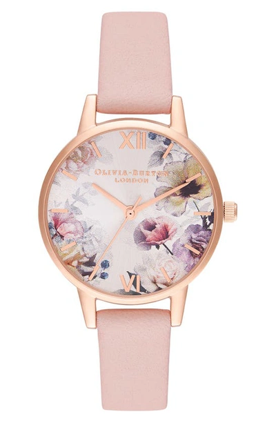 Shop Olivia Burton Sunlight Florals Leather Strap Watch, 30mm In Pink/ Floral/ Rose Gold