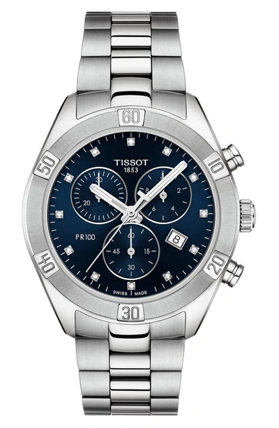 Shop Tissot Pr 100 Diamond Chronograph Bracelet Watch, 38mm In Silver/ Blue/ Silver