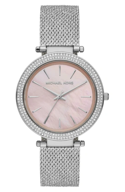 Shop Michael Michael Kors 'darci' Crystal Bezel Mesh Strap Watch, 39mm In Silver/ Pink Mop/ Silver