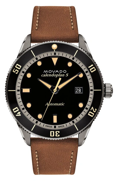 Shop Movado Heritage Automatic Leather Strap Watch, 43mm In Cognac/ Black/ Gunmetal