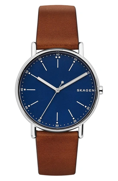 Shop Skagen Signatur Round Leather Strap Watch, 40mm In Brown/ Blue/ Silver
