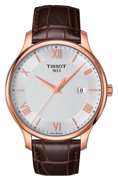 Shop Tissot Tradition Leather Strap Watch, 42mm In Brown/ Silver/ Rose Gold