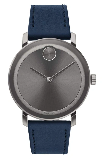 Shop Movado Bold Leather Strap Watch, 40mm In Navy/ Grey