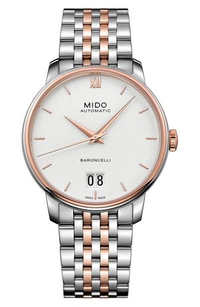Shop Mido Baroncelli Iii Automatic Bracelet Watch, 40mm In Silver/ White/ Rose Gold