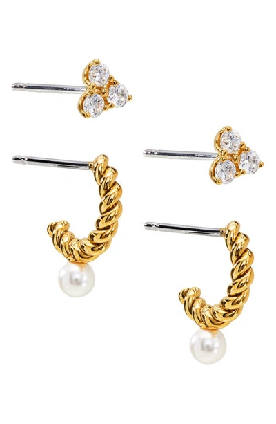 Shop Ajoa Set Of 2 Pairs Heart Stud & Imitation Pearl Hoop Earrings In Gold