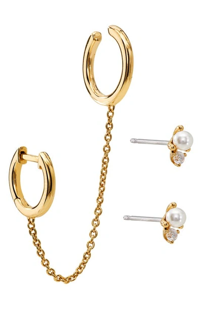Shop Ajoa Huggie Cuff & Imitation Pearl Stud Earrings In Gold