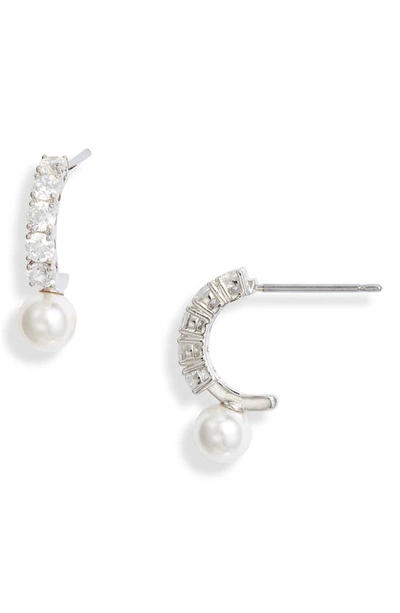 Shop Nadri Camila Imitation Pearl Hoop Earrings In Rhodium