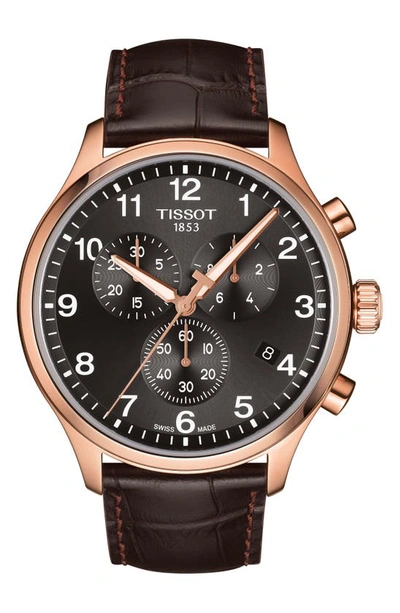 Shop Tissot Chrono Xl Collection Chronograph Leather Strap Watch, 45mm In Brown/ Black/ Rose Gold