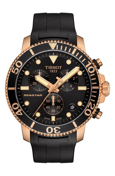 Shop Tissot Seastar 1000 Chronograph Rubber Strap Watch, 45mm In Black/ Rose Gold
