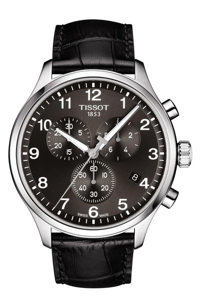 Shop Tissot Chrono Xl Collection Chronograph Leather Strap Watch, 45mm In Black/ Silver
