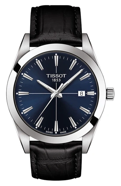 Shop Tissot Gentleman Leather Strap Watch, 40mm In Black/ Silver/ Blue