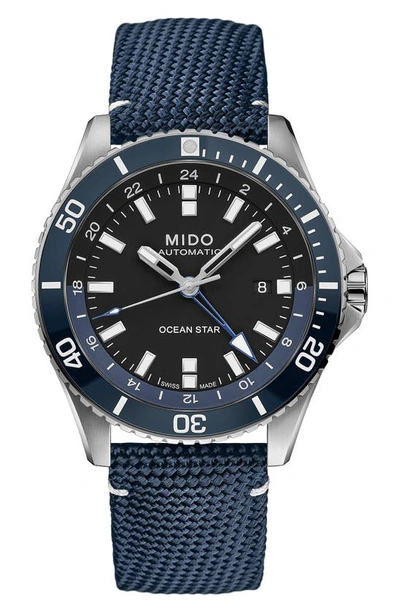 Shop Mido Ocean Star Gmt Automatic Canvas Strap Watch, 44mm In Blue/ Silver