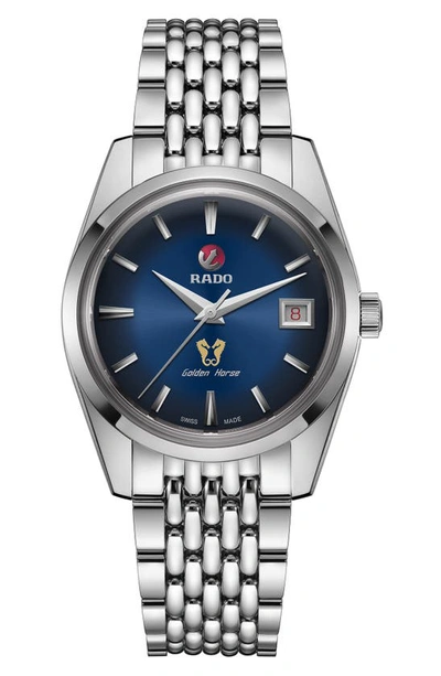 Shop Rado Golden Horse Automatic Bracelet Watch, 37mm In Silver/ Blue