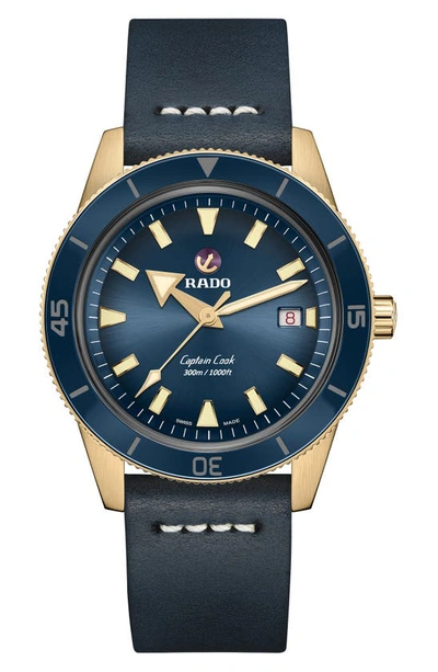 Shop Rado Captain Cook Automatic Leather Strap Watch, 42mm In Blue/ Gold