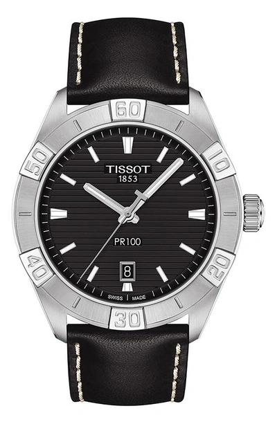 Shop Tissot Pr 100 Leather Strap Watch, 42mm In Black