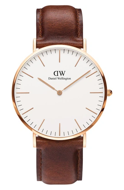 Shop Daniel Wellington Classic St. Mawes Leather Strap Watch, 40mm In Rose Gold/ Eggshell