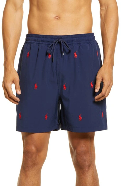 Shop Polo Ralph Lauren Embroidered Pony Swim Trunks In Newport Navy W/ Aoe