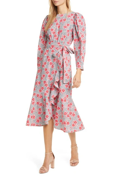 Shop Rebecca Taylor Coral Fleur Long Sleeve Cotton Midi Dress In Snow Combo