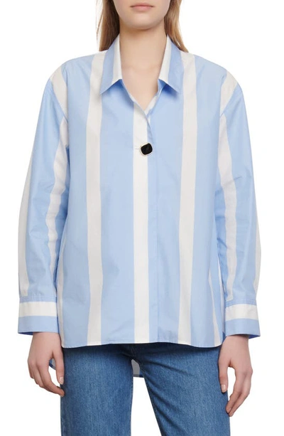 Shop Sandro Raja Stripe Cotton Blend Shirt In Sky Blue