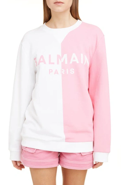 Shop Balmain Bicolor Logo Jacquard Stretch Cotton Sweater In Gby Blanc/ Rose