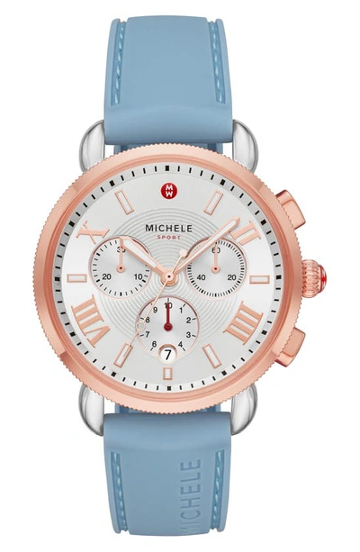 Shop Michele Sport Sail Chronograph Watch Head With Silicone Strap, 38mm In Blue/silv Wht Sunray/rsgld