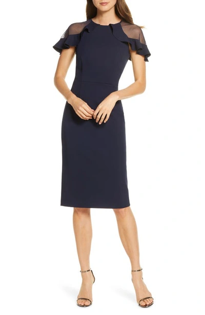 Shop Eliza J Sheer Ruffle Shoulder Cocktail Dress In Navy