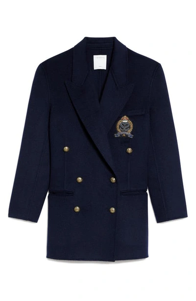 Shop Sandro Double Breasted Wool Blazer In Navy Blue