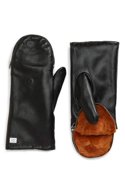 Shop Soia & Kyo Leather Zip Top Mittens With Faux Fur Lining In Black/ Camel