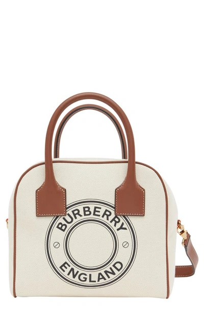 Shop Burberry Small Cube Logo Print Canvas Satchel In Natural/ Tan