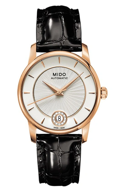 Shop Mido Baroncelli Diamond Automatic Leather Strap Watch, 33mm In Silver/ Black