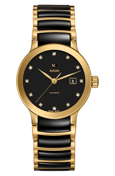 Shop Rado Centrix Automatic Diamond Ceramic Bracelet Watch, 28mm In Black/ Gold