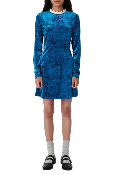 Shop Maje Contrast Collar Long Sleeve Crushed Velvet Dress In Blue