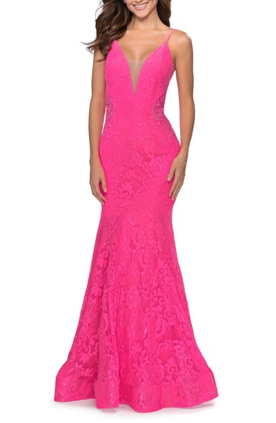 Shop La Femme Sleeveless Lace Mermaid Gown In Neon Pink