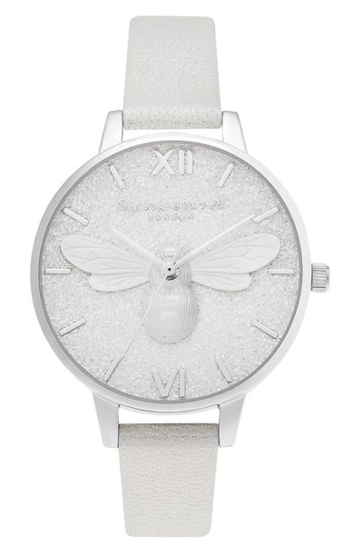 Shop Olivia Burton Lucky Bee Shimmer Leather Strap Watch, 34mm In Silver