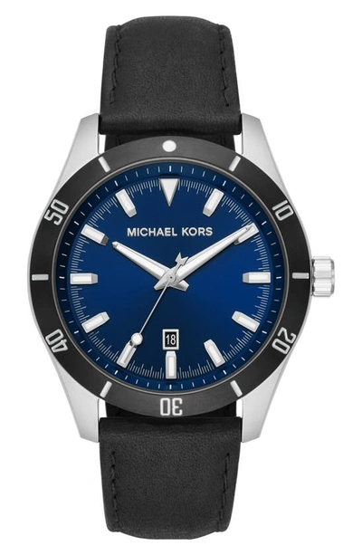 Shop Michael Kors Layton Leather Strap Watch, 44mm In Black