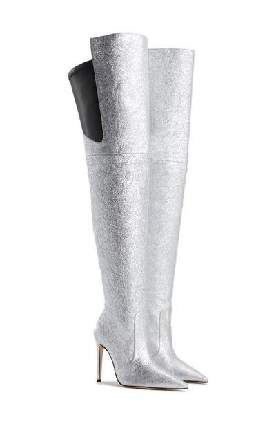 Shop Good American The Emma Over The Knee Boot In Silver Crackle Leather
