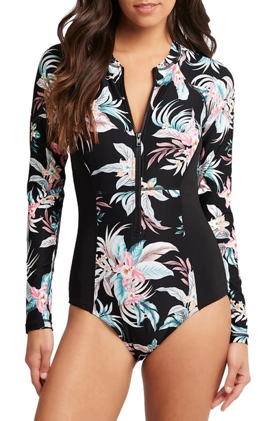 Shop Sea Level Long Sleeve Multifit Floral One-piece Rashguard Swimsuit In Black