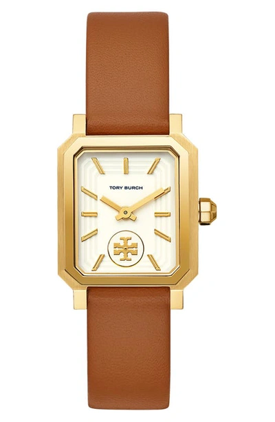 Shop Tory Burch Robinson Leather Strap Watch, 27mm X 29mm In Brown/ White/ Gold