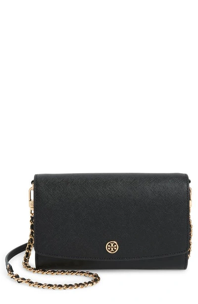 Shop Tory Burch Robinson Leather Wallet On A Chain In Black