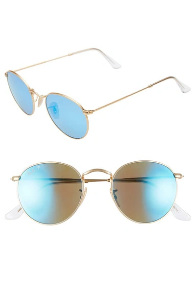 Shop Ray Ban 50mm Round Polarized Sunglasses In Gold/ Blue Mirror