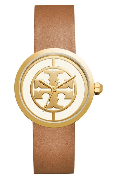 Shop Tory Burch Reva Logo Dial Leather Strap Watch, 36mm In Luggage/ Ivory/ Gold