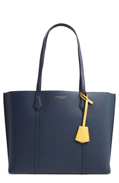Shop Tory Burch Perry Leather Tote In Royal Navy