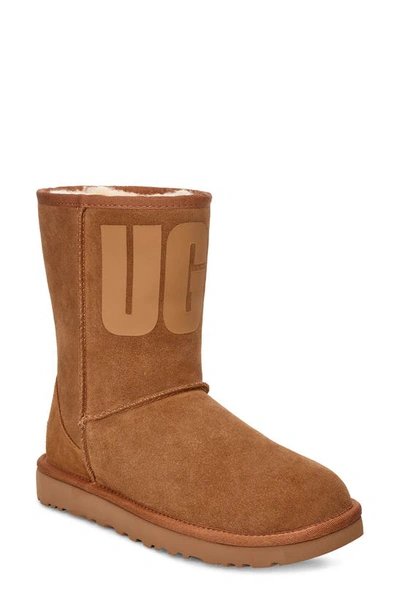 Shop Ugg Classic Short Logo Boot In Chestnut Suede